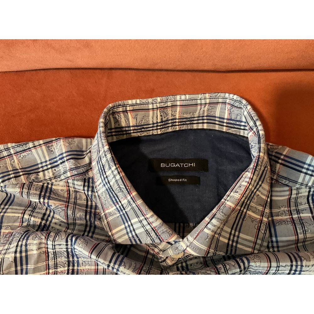 Bugatchi Shaped Fit Plaid Paisley Long Sleeve Button Down Shirt Blue Grey L
